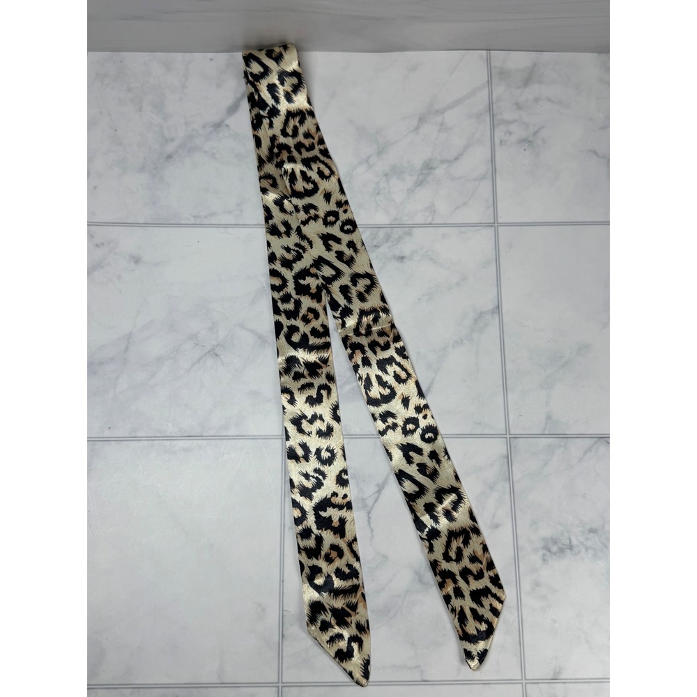 Leopard Print Skinny Scarf Satin Animal Pattern Hair Ribbon Neck Tie Tan Black